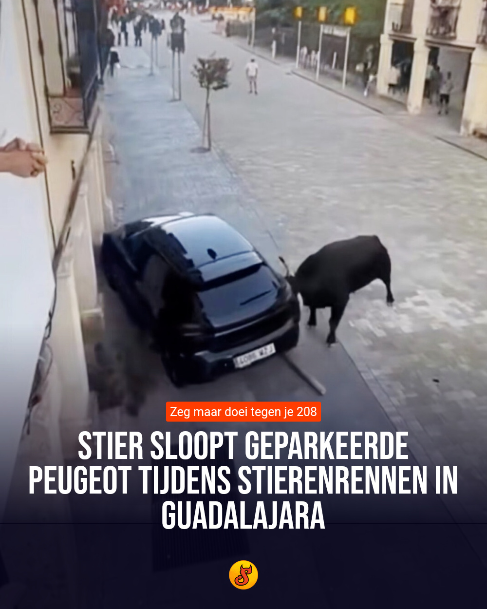 Stier sloopt geparkeerde Peugeot tijdens stierenrennen in Guadalajara