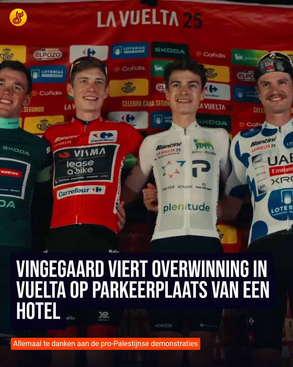 Vingegaard viert overwinning in Vuelta op parkeerplaats van een hotel
