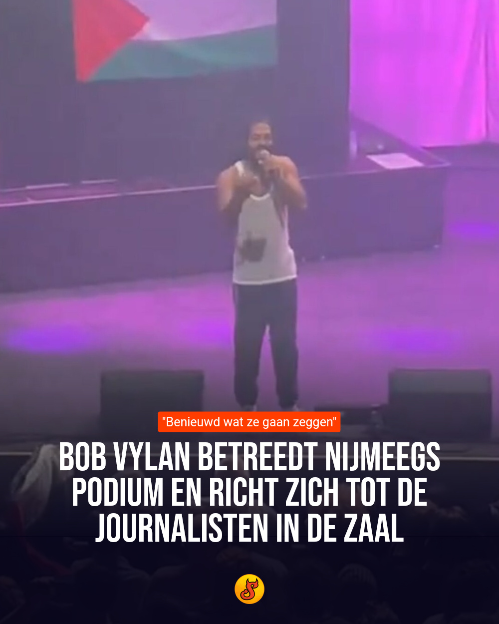 Bob Vylan betreedt Nijmeegs podium en richt zich tot de journalisten in de zaal