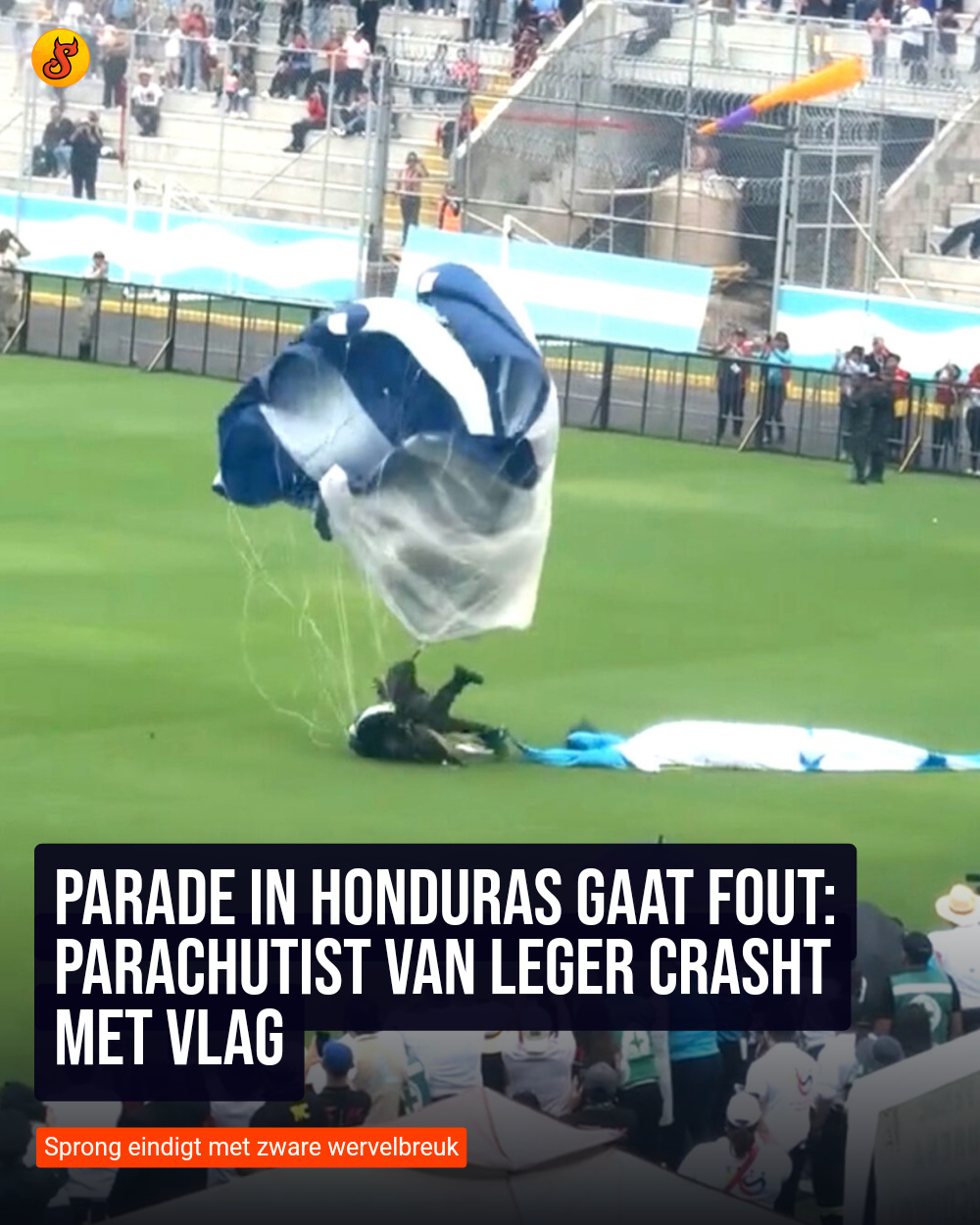Parade in Honduras gaat fout: Parachutist van leger crasht met vlag
