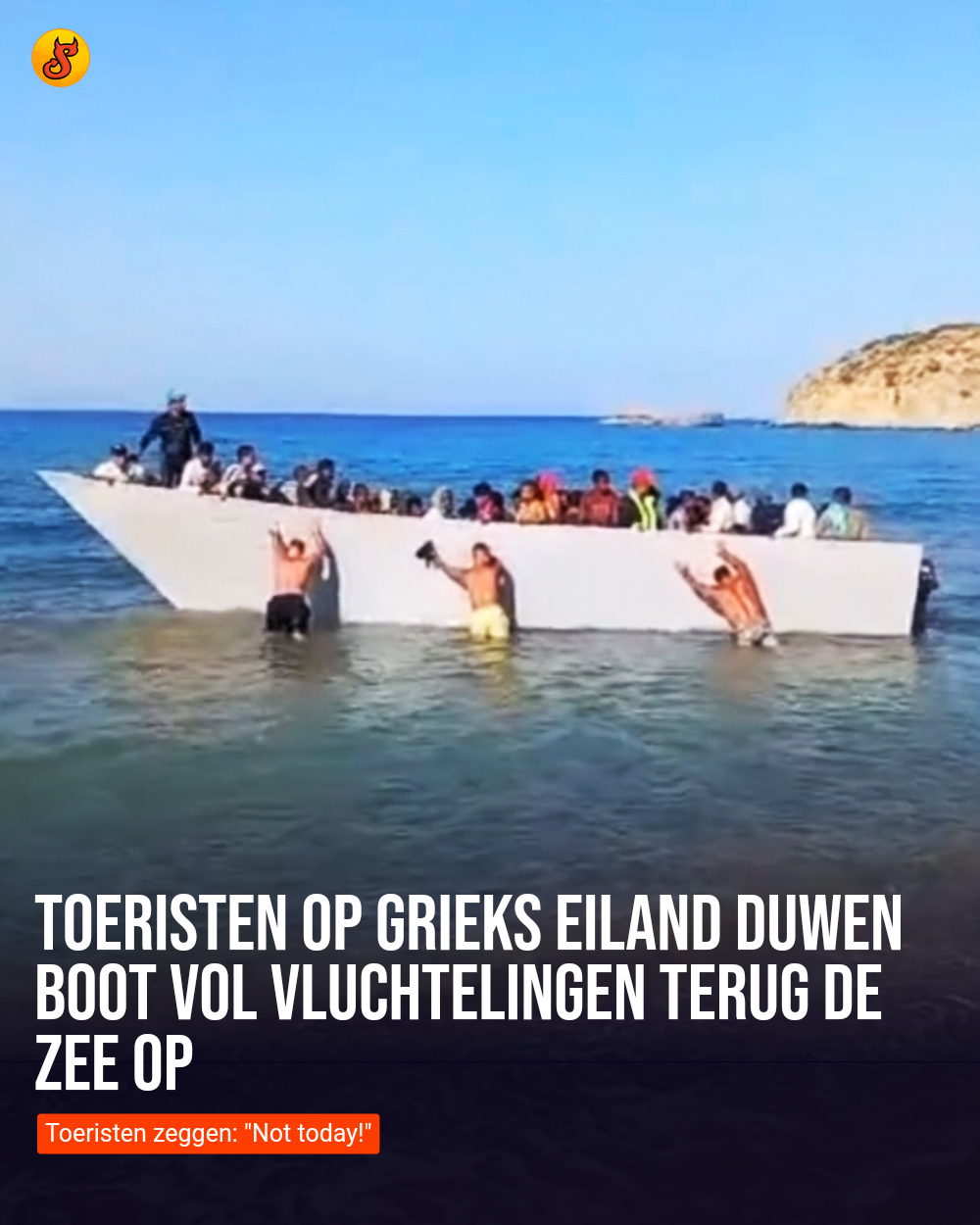 Toeristen op Grieks eiland duwen boot vol vluchtelingen terug de zee op