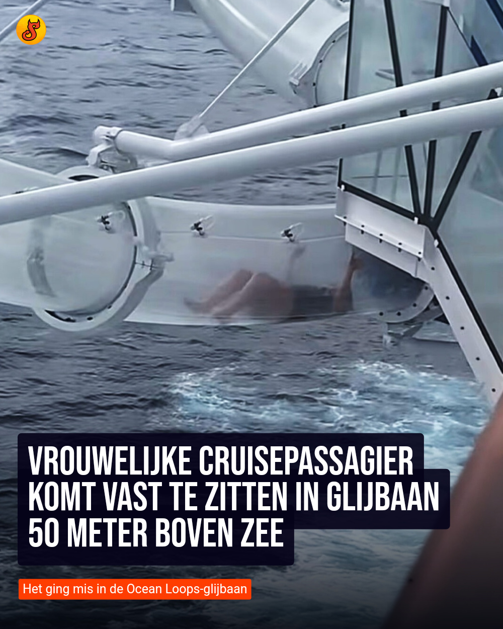 Vrouwelijke cruisepassagier komt vast te zitten in glijbaan 50 meter boven zee