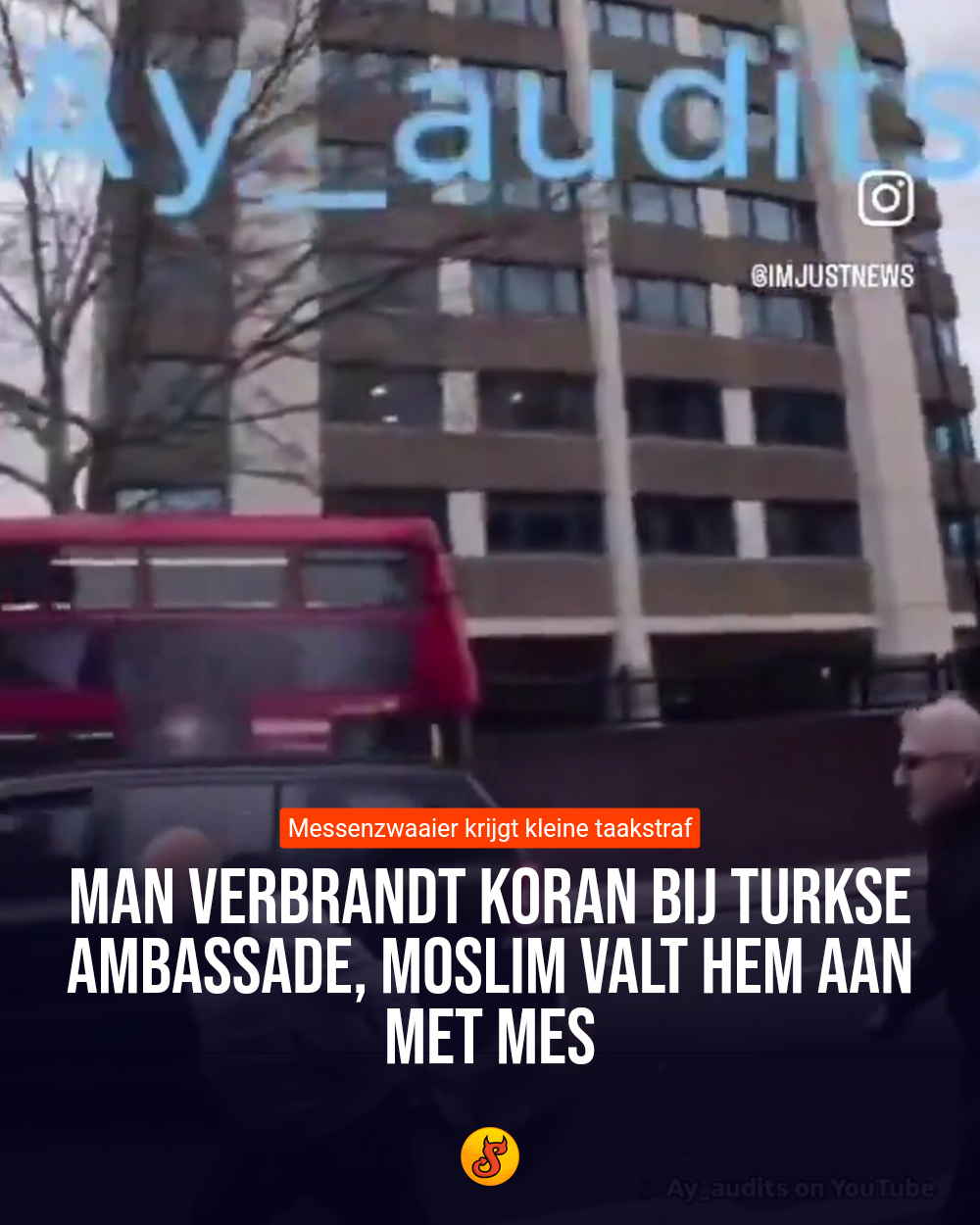 Man verbrandt Koran bij Turkse ambassade, moslim valt hem aan met mes
