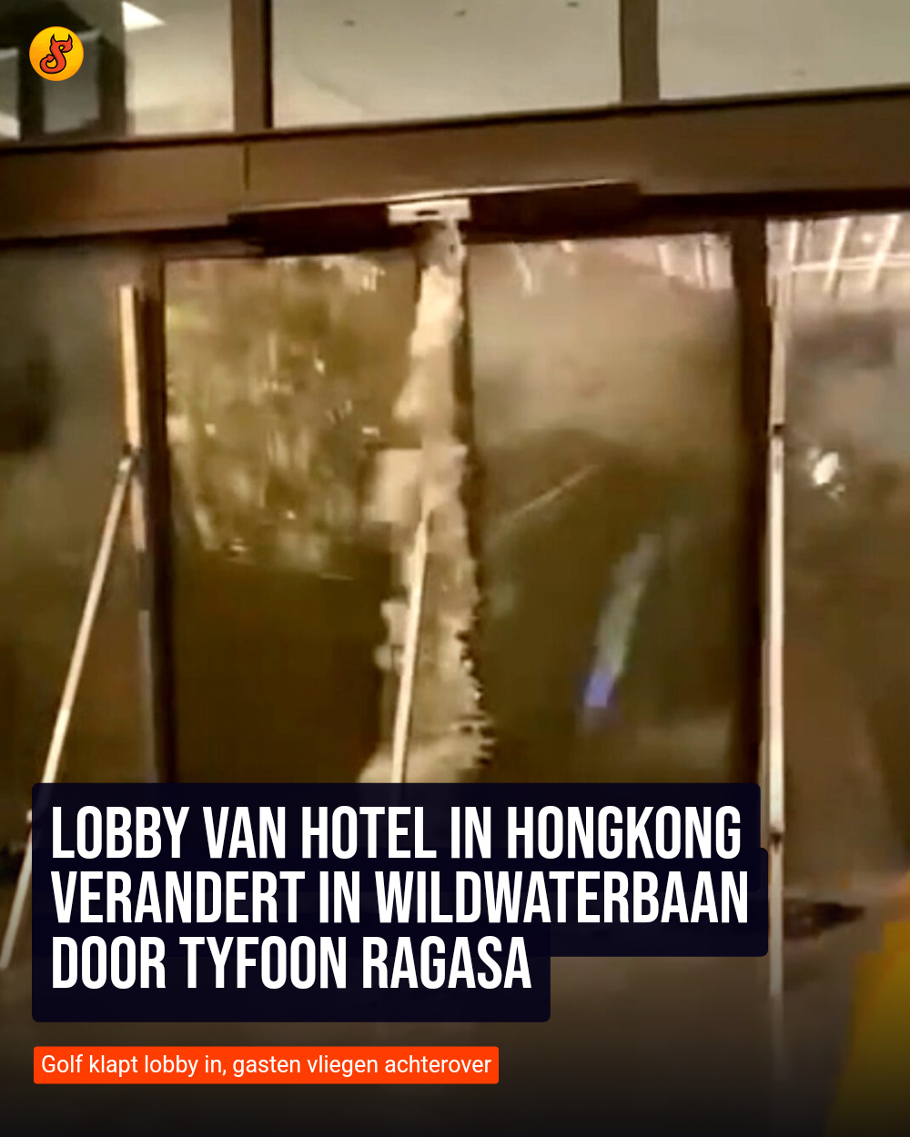 Lobby van hotel in Hongkong verandert in wildwaterbaan door tyfoon Ragasa
