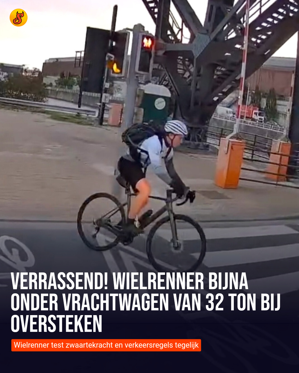 Verrassend! Wielrenner bijna onder vrachtwagen van 32 ton bij oversteken