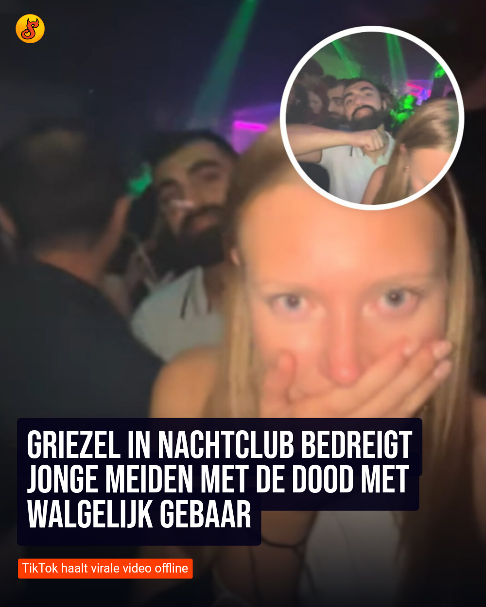 Griezel in nachtclub bedreigt jonge meiden met de dood met walgelijk gebaar