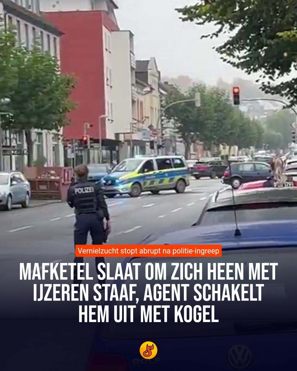 Mafketel slaat om zich heen met ijzeren staaf, agent schakelt hem uit met kogel