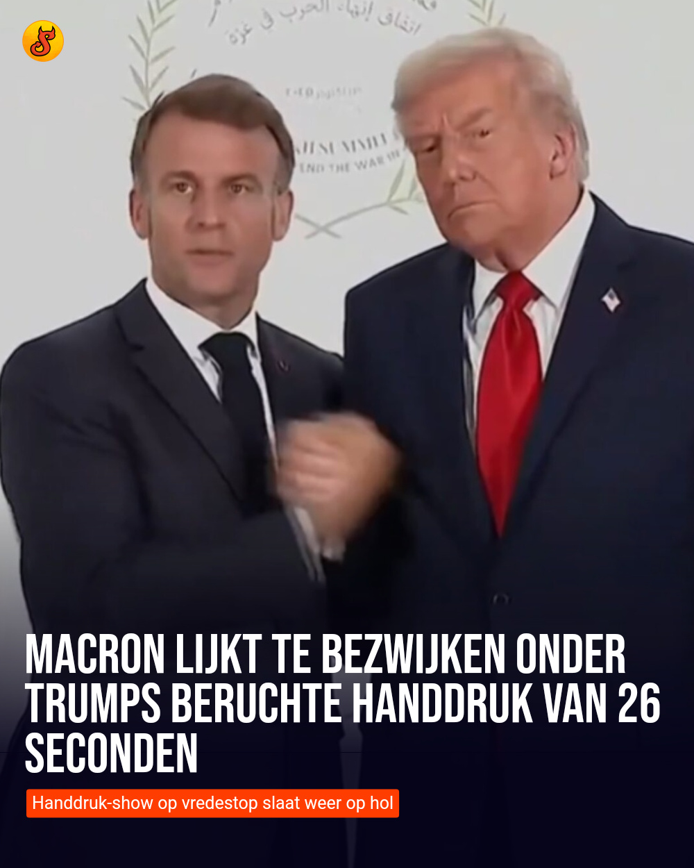 Macron lijkt te bezwijken onder Trumps beruchte handdruk van 26 seconden
