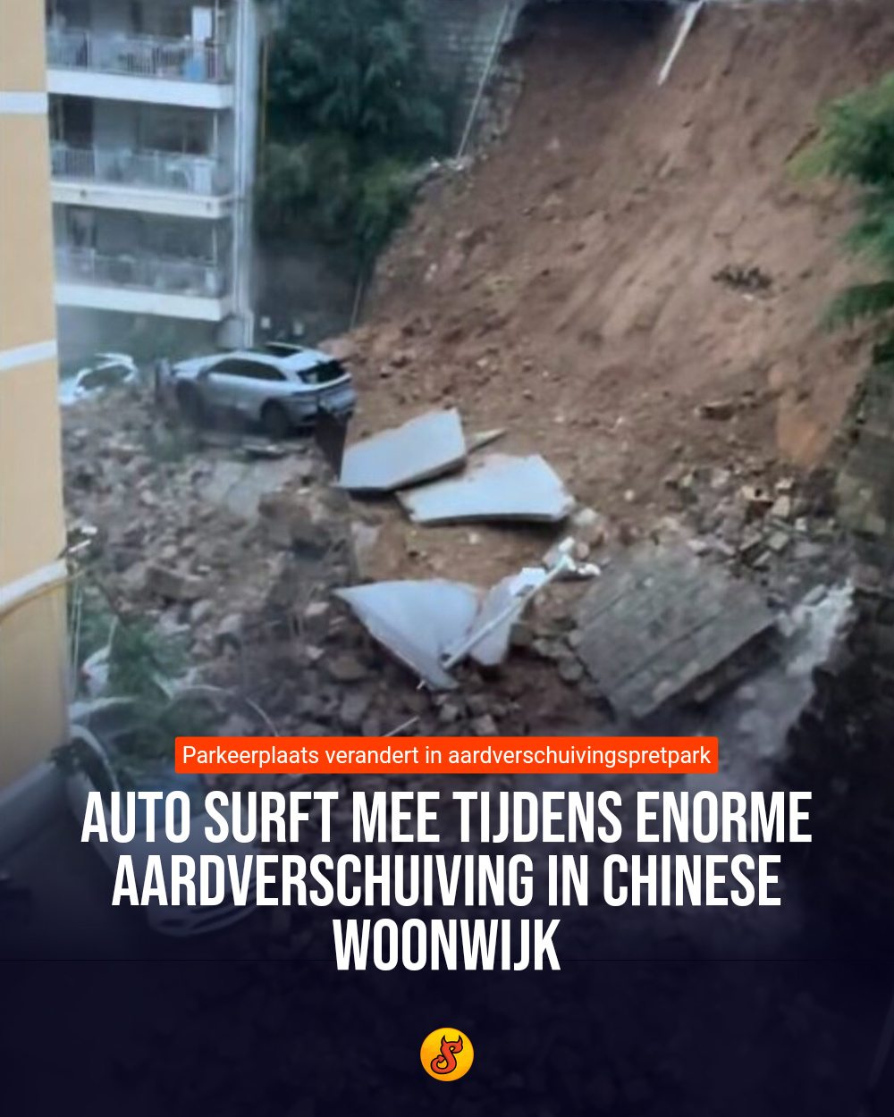 Auto surft mee tijdens enorme aardverschuiving in Chinese woonwijk