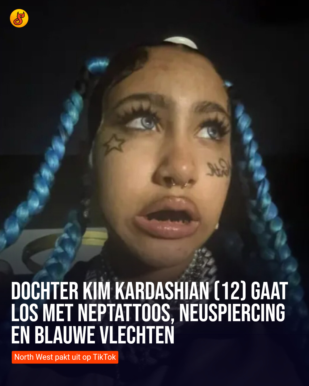 Dochter Kim Kardashian (12) gaat los met neptattoos, neuspiercing en blauwe vlechten