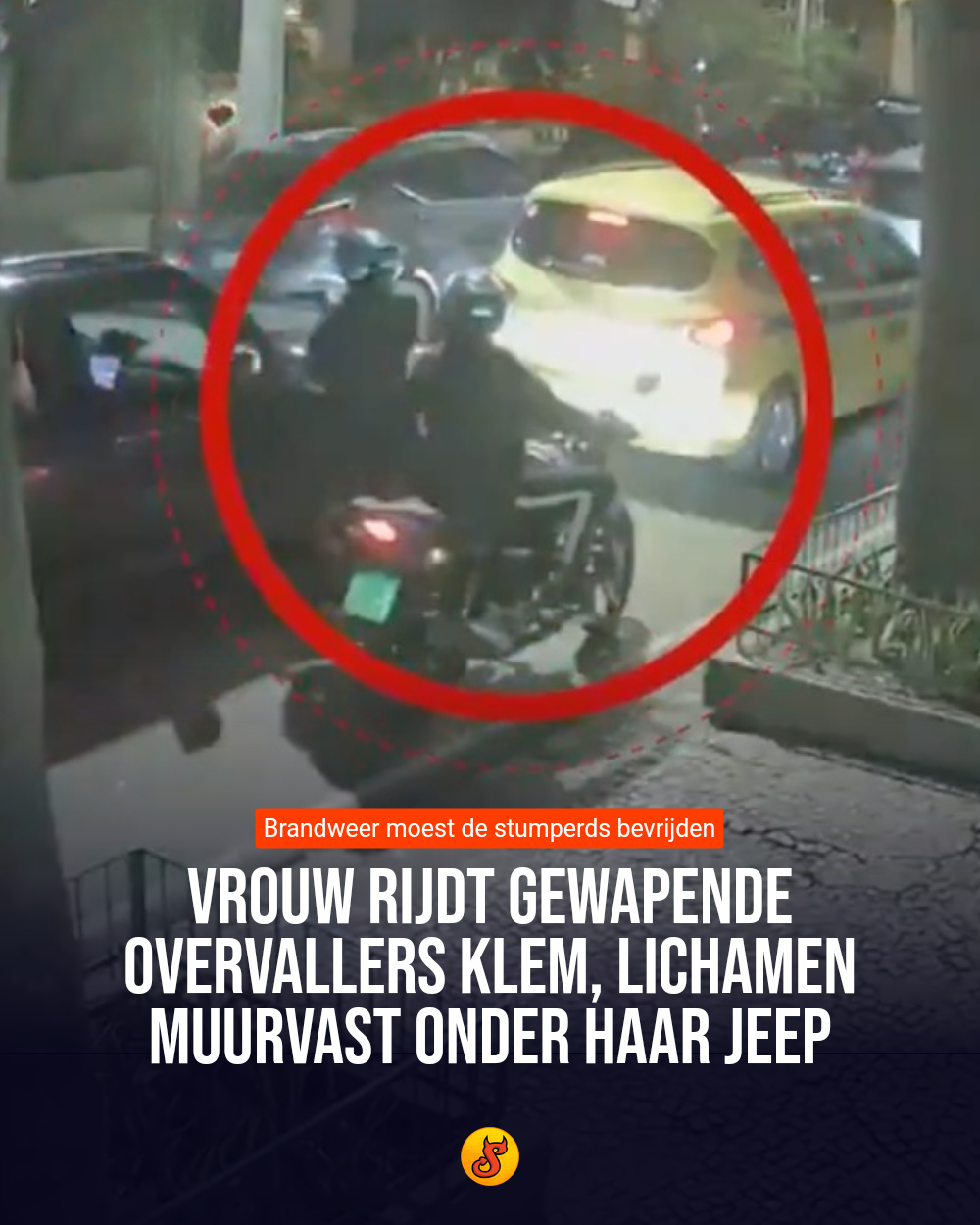 Vrouw rijdt gewapende overvallers klem, lichamen muurvast onder haar Jeep