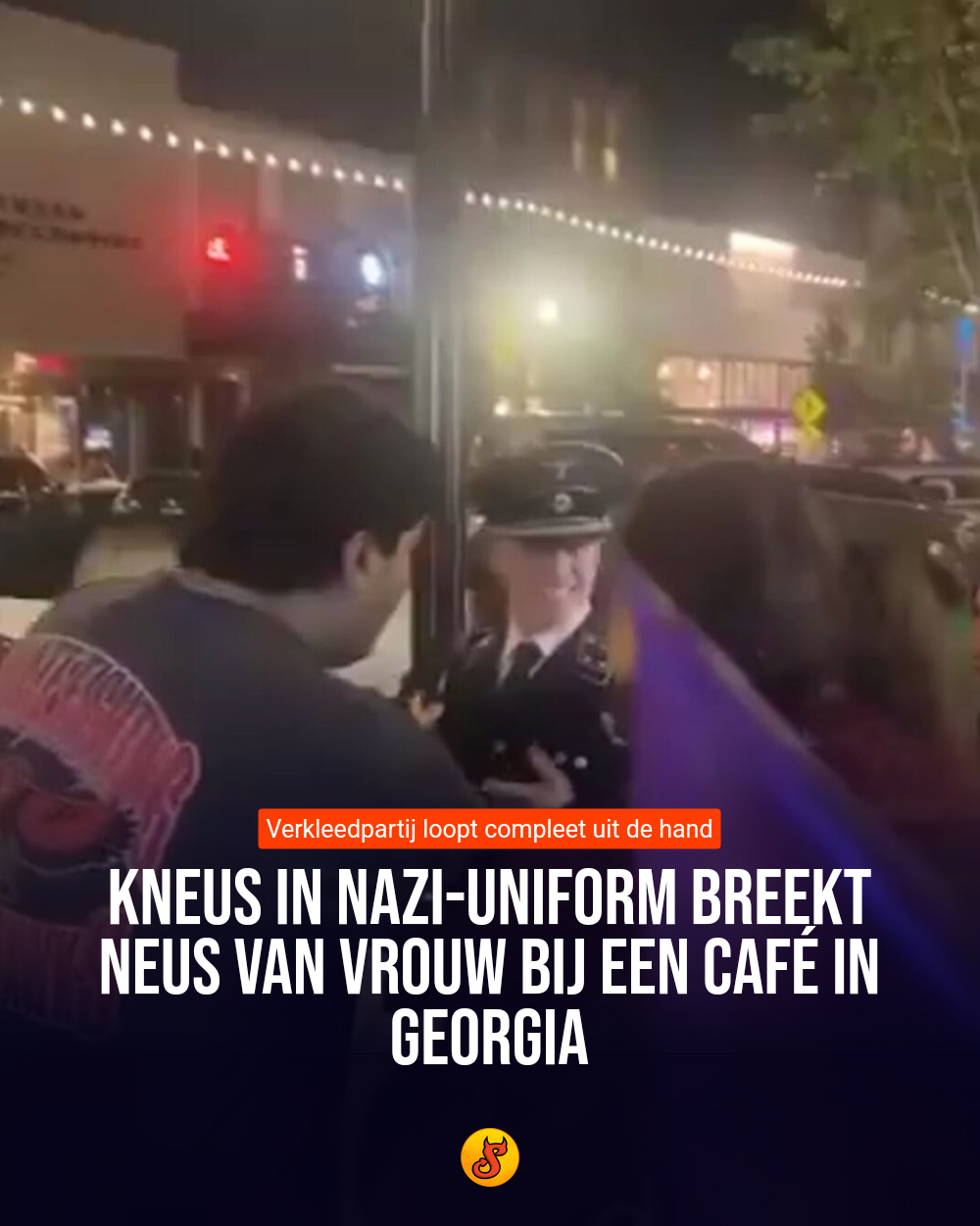 Kneus in nazi-uniform breekt neus van vrouw bij een café in Georgia