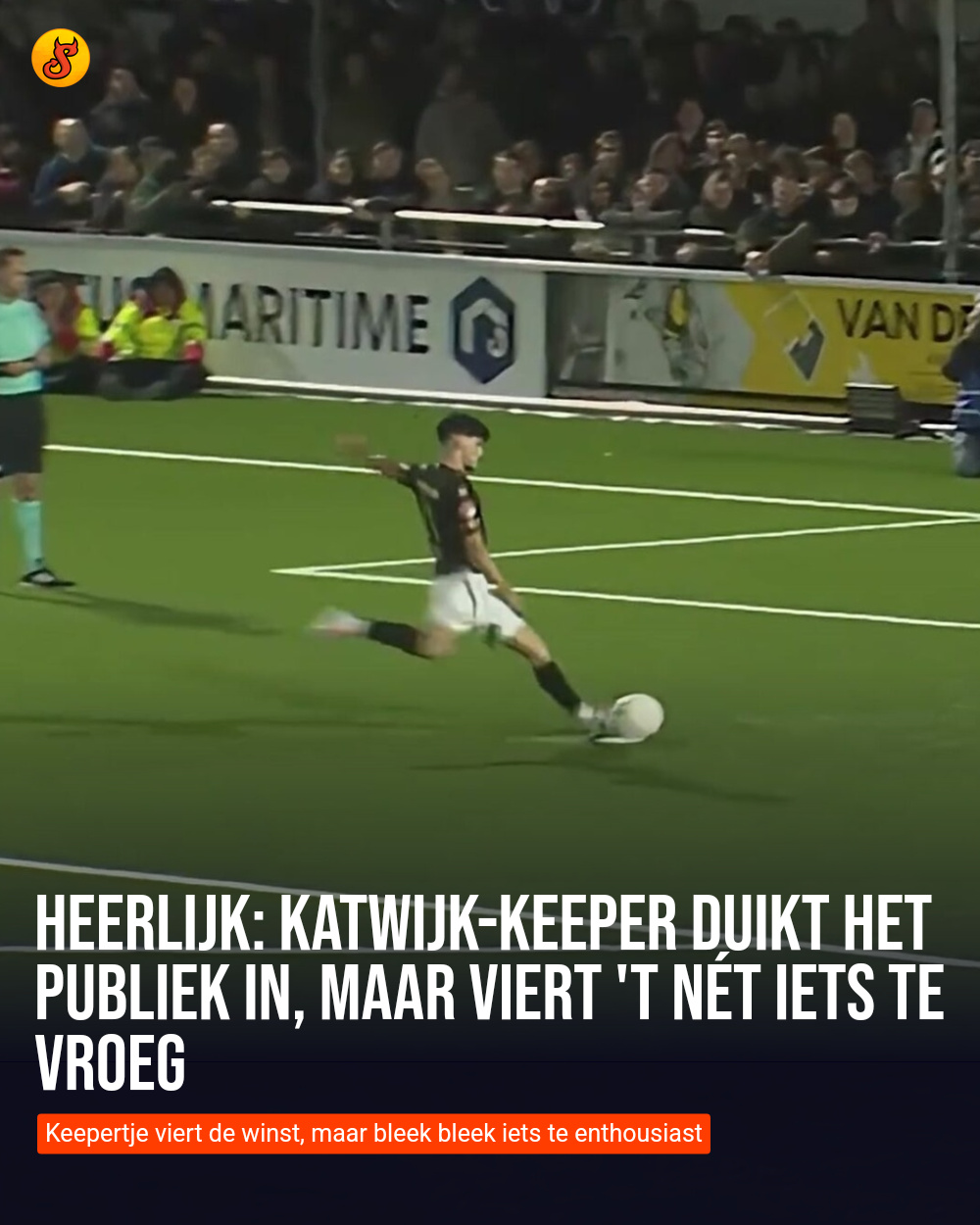 Heerlijk: Katwijk-keeper duikt het publiek in, maar viert 't nét iets te vroeg