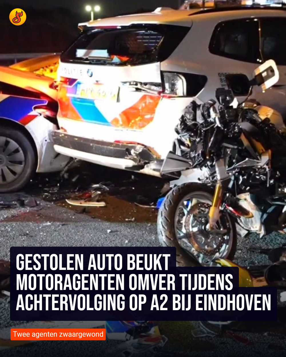 Gestolen auto beukt motoragenten omver tijdens achtervolging op A2 bij Eindhoven