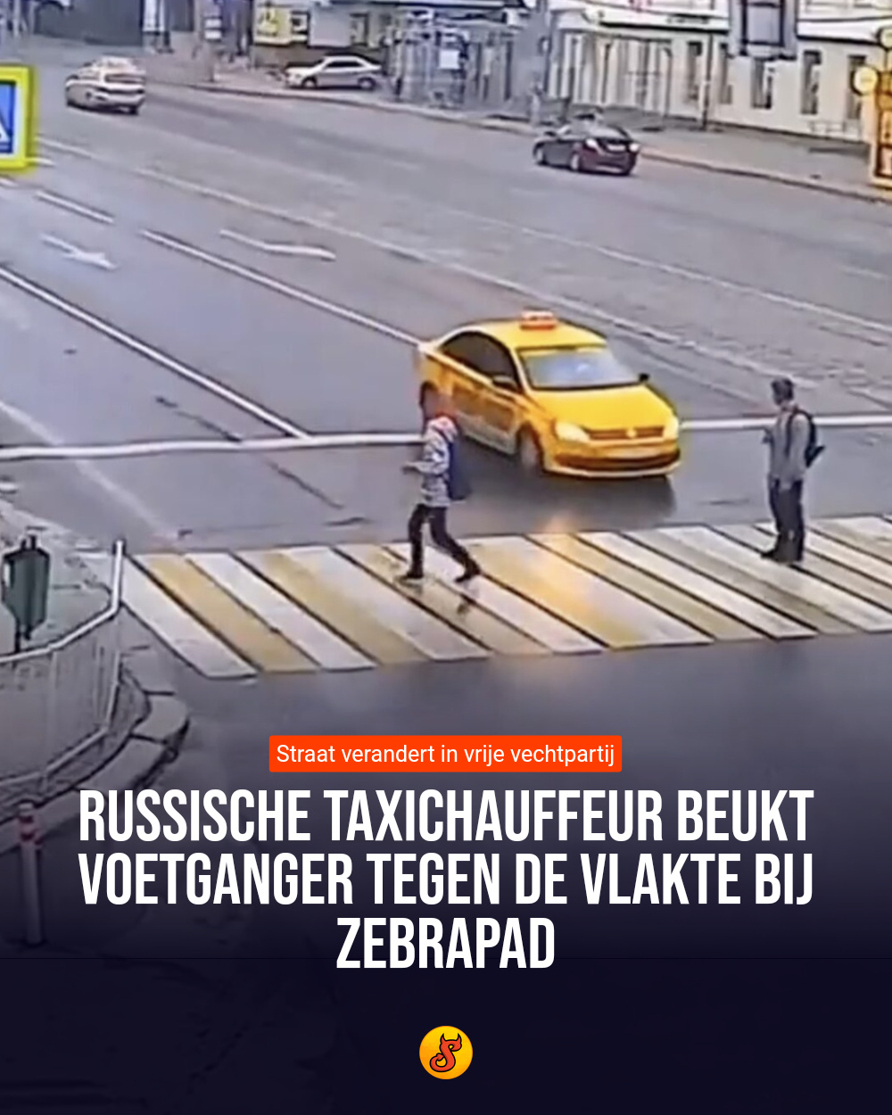 Russische taxichauffeur beukt voetganger tegen de vlakte bij zebrapad