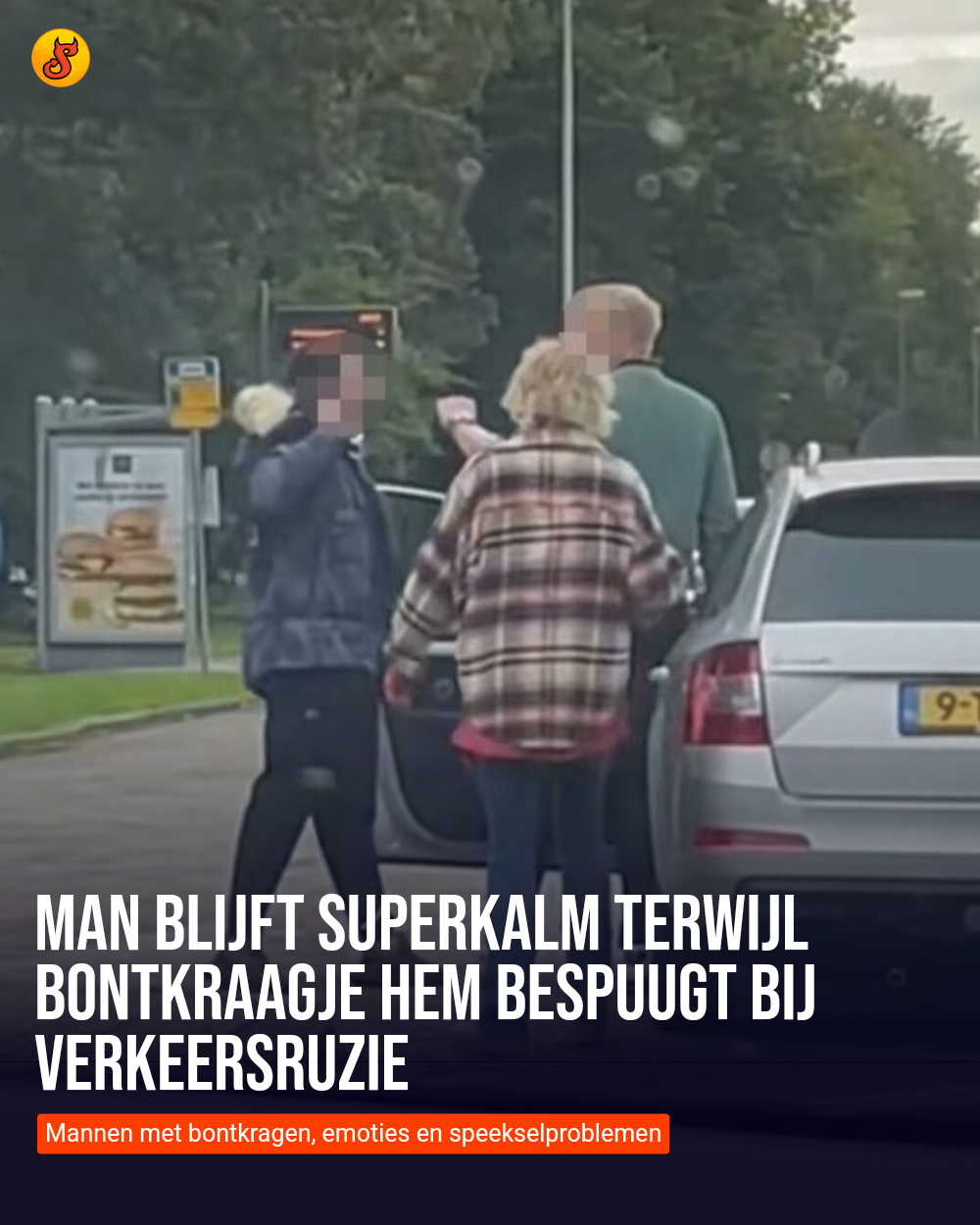Man blijft superkalm terwijl bontkraagje hem bespuugt bij verkeersruzie