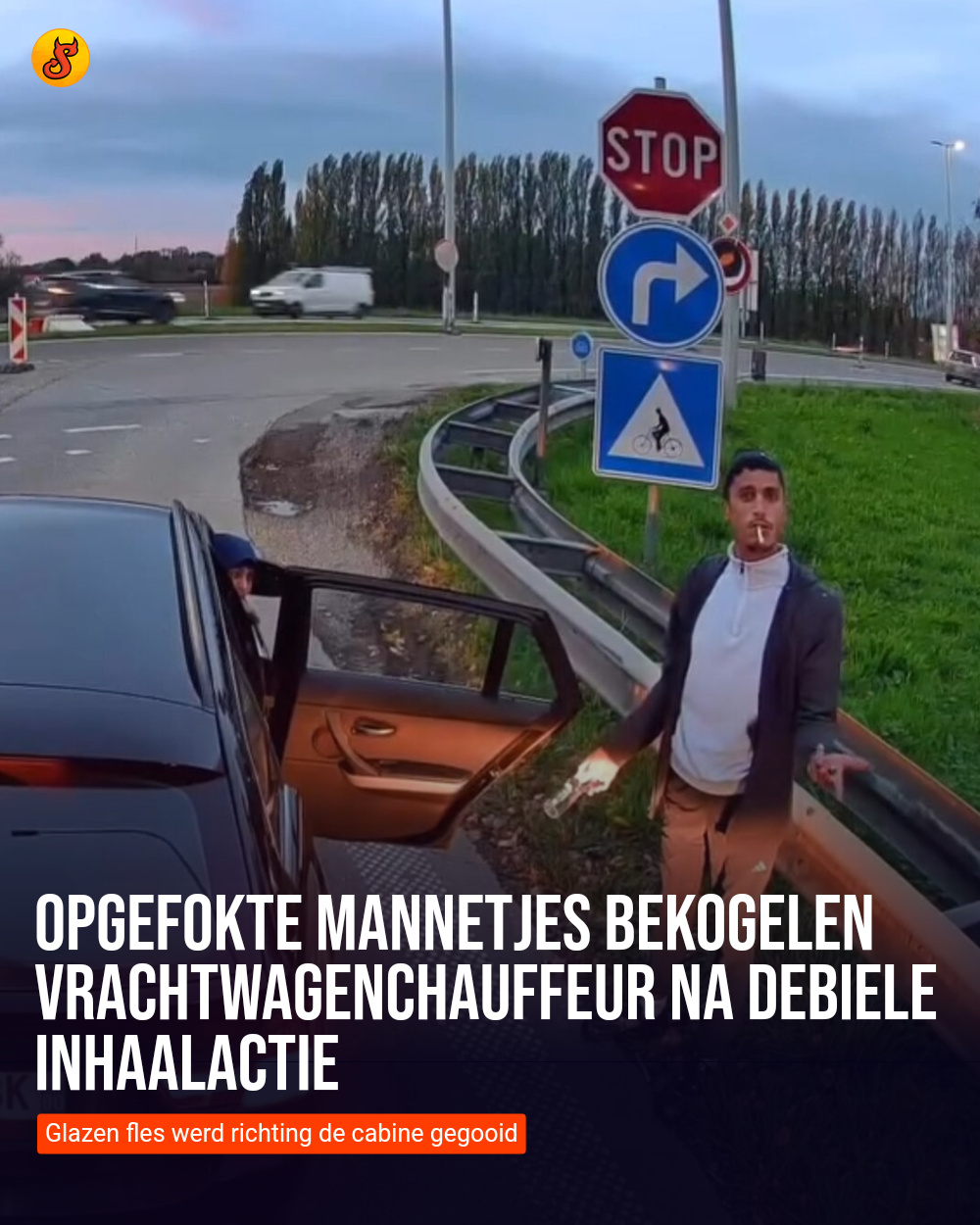 Opgefokte mannetjes bekogelen vrachtwagenchauffeur na debiele inhaalactie