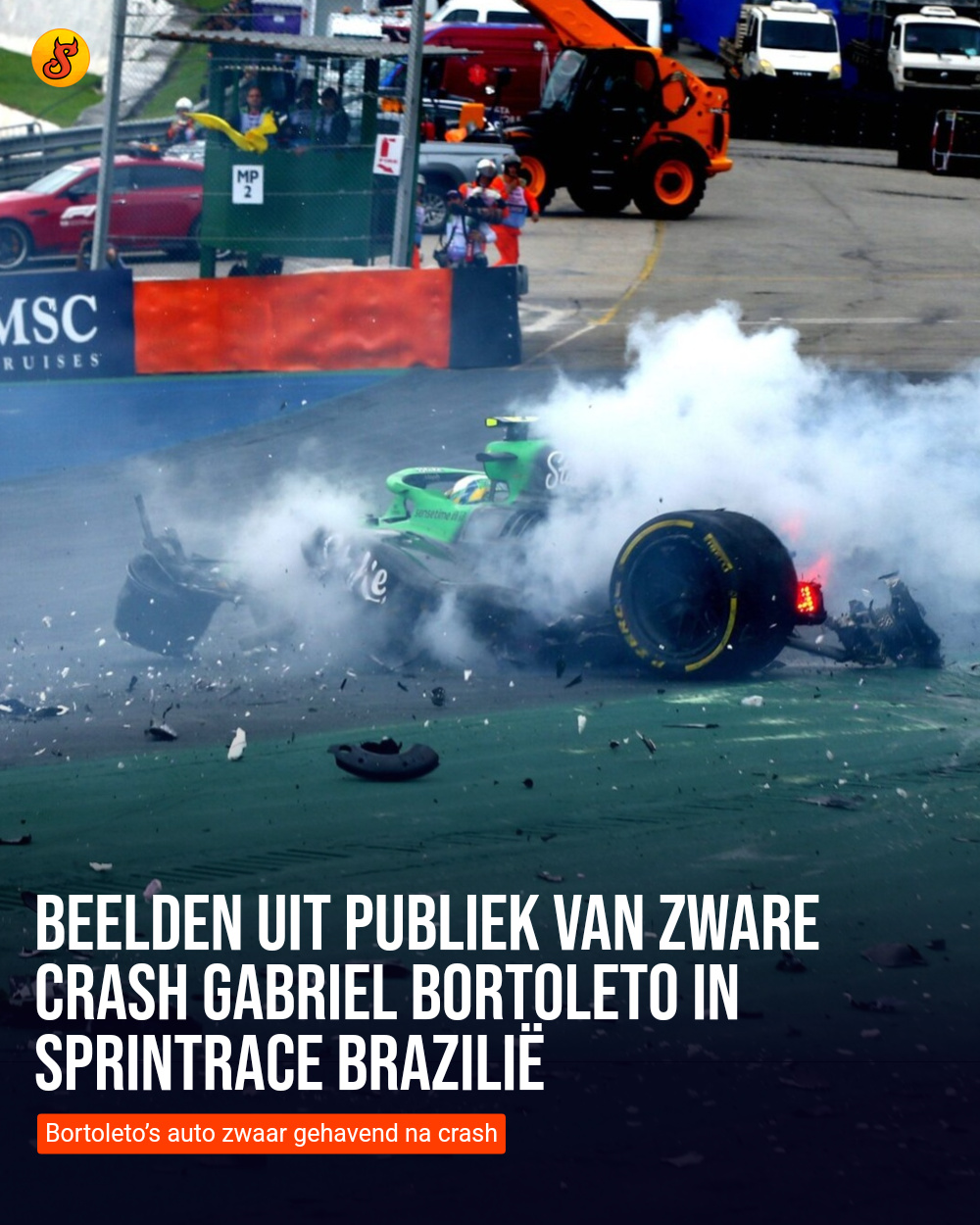 Beelden uit publiek van zware crash Gabriel Bortoleto in sprintrace Brazilië