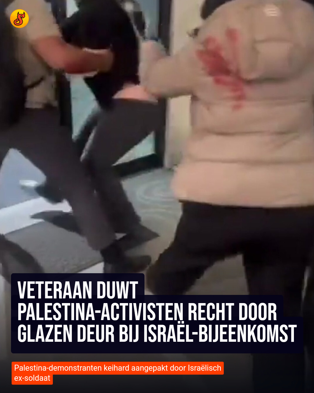Veteraan duwt Palestina-activisten recht door glazen deur bij Israël-bijeenkomst