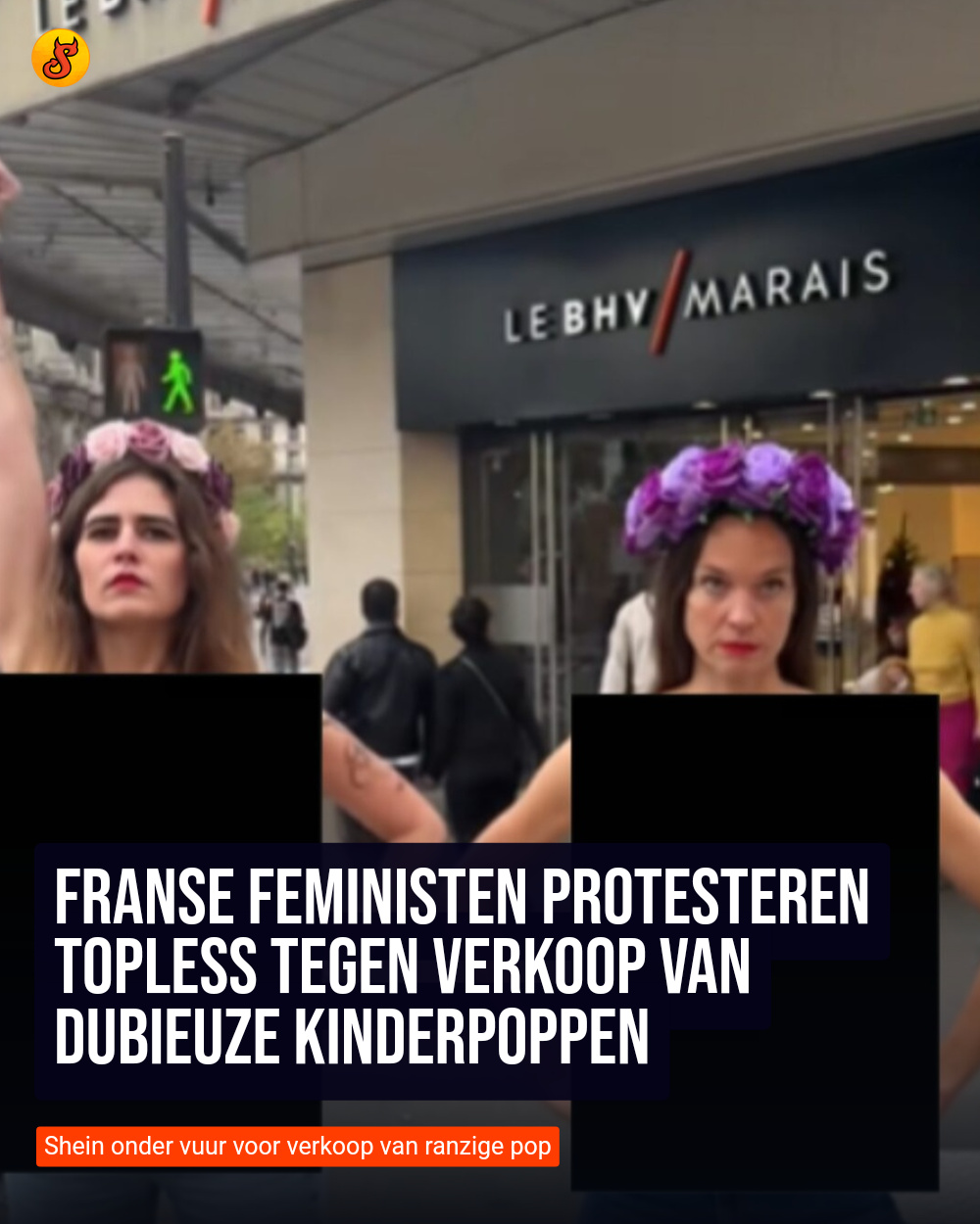 Franse feministen protesteren topless tegen verkoop van dubieuze kinderpoppen