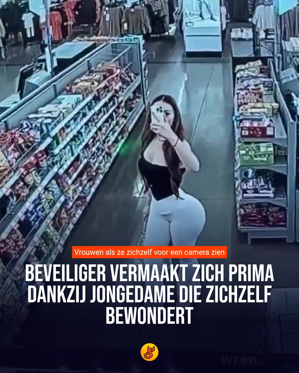 Beveiliger vermaakt zich prima dankzij jongedame die zichzelf bewondert