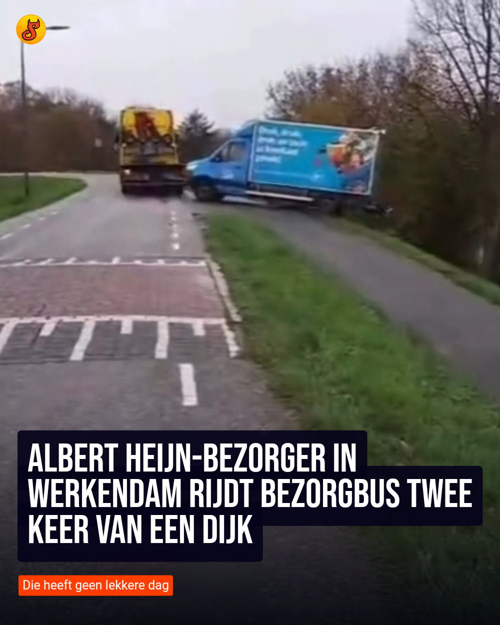 Albert Heijn-bezorger in Werkendam rijdt bezorgbus twee keer van een dijk
