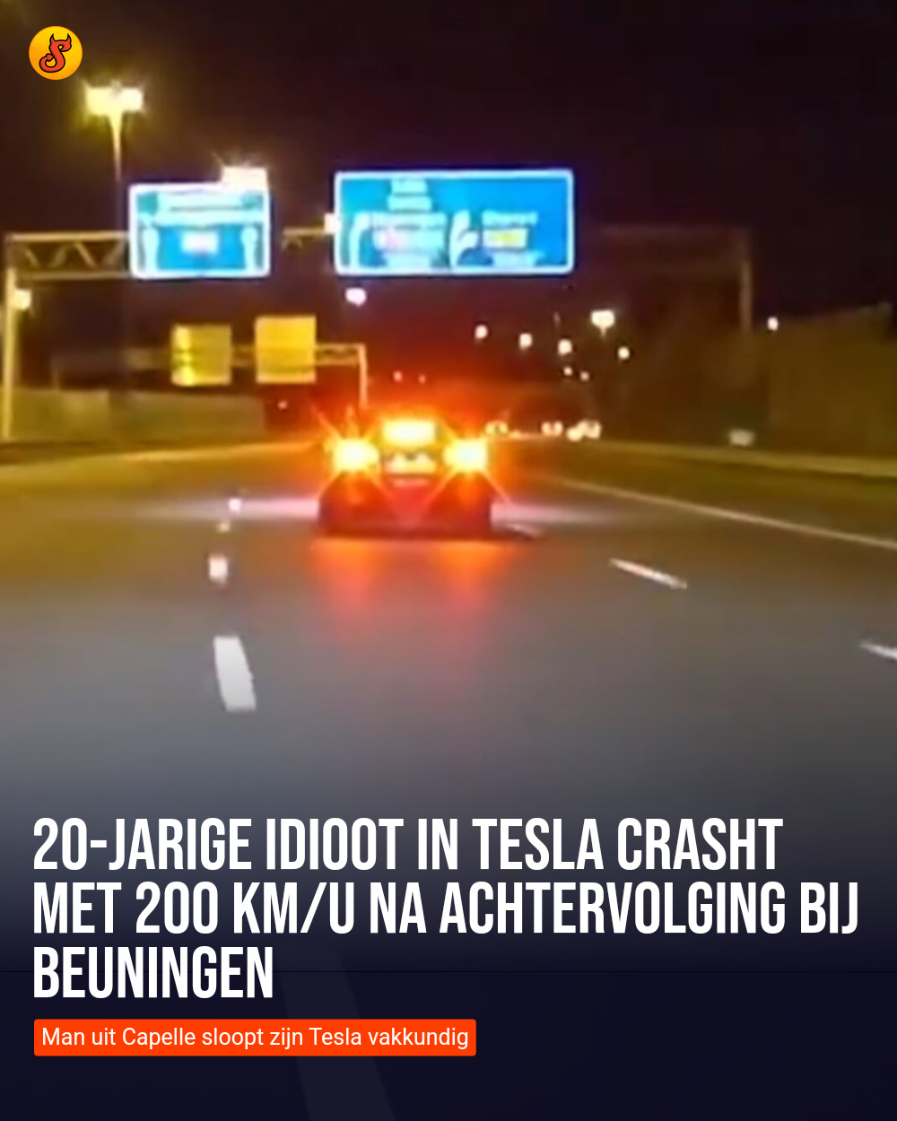 20-jarige idioot in Tesla crasht met 200 km/u na achtervolging bij Beuningen