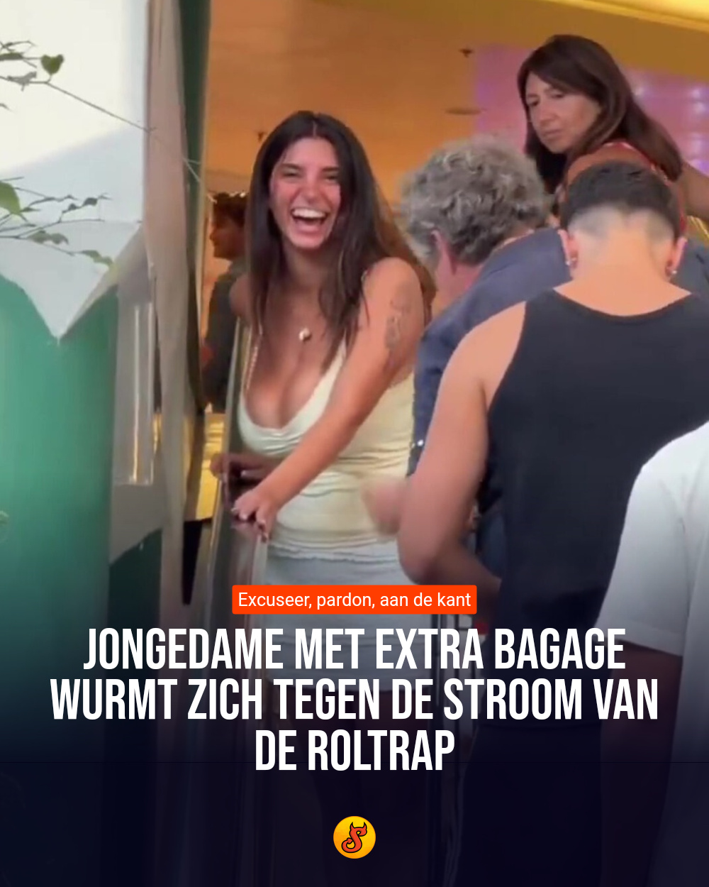 Jongedame met extra bagage wurmt zich tegen de stroom van de roltrap