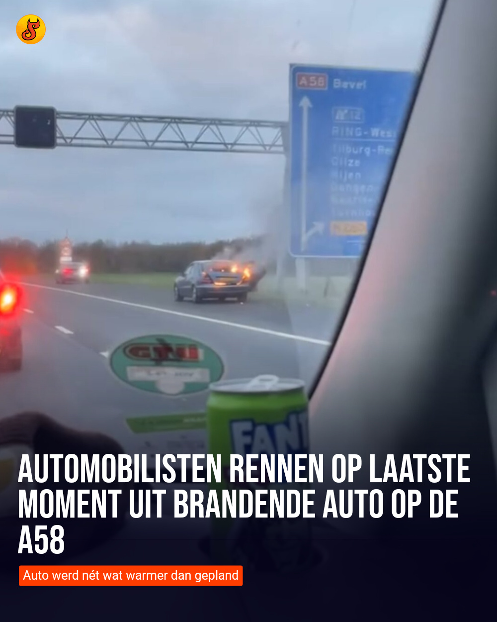 Automobilisten rennen op laatste moment uit brandende auto op de A58