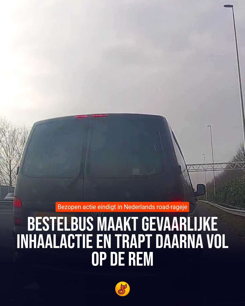 Bestelbus maakt gevaarlijke inhaalactie en trapt daarna vol op de rem