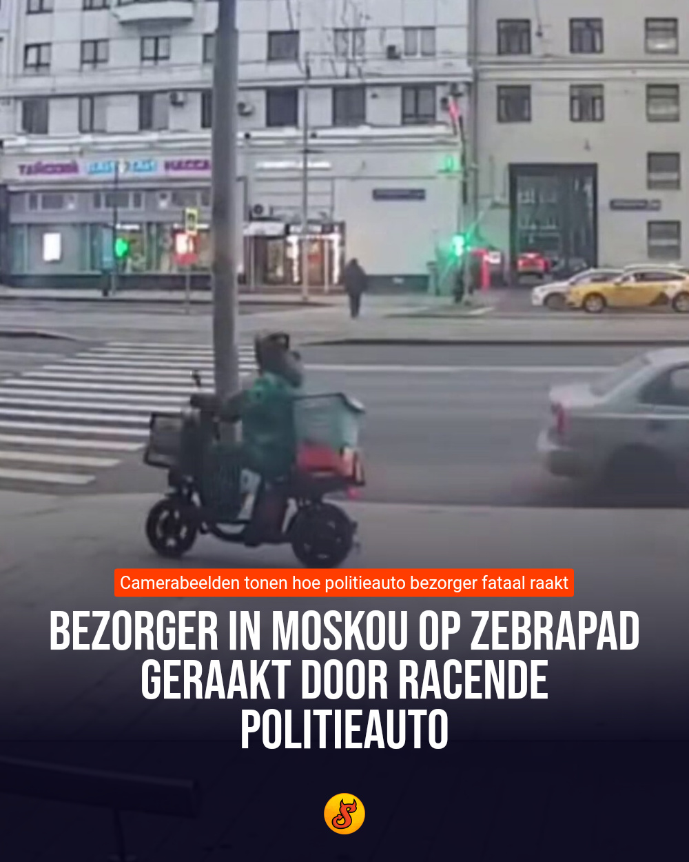 Bezorger in Moskou op zebrapad geraakt door racende politieauto