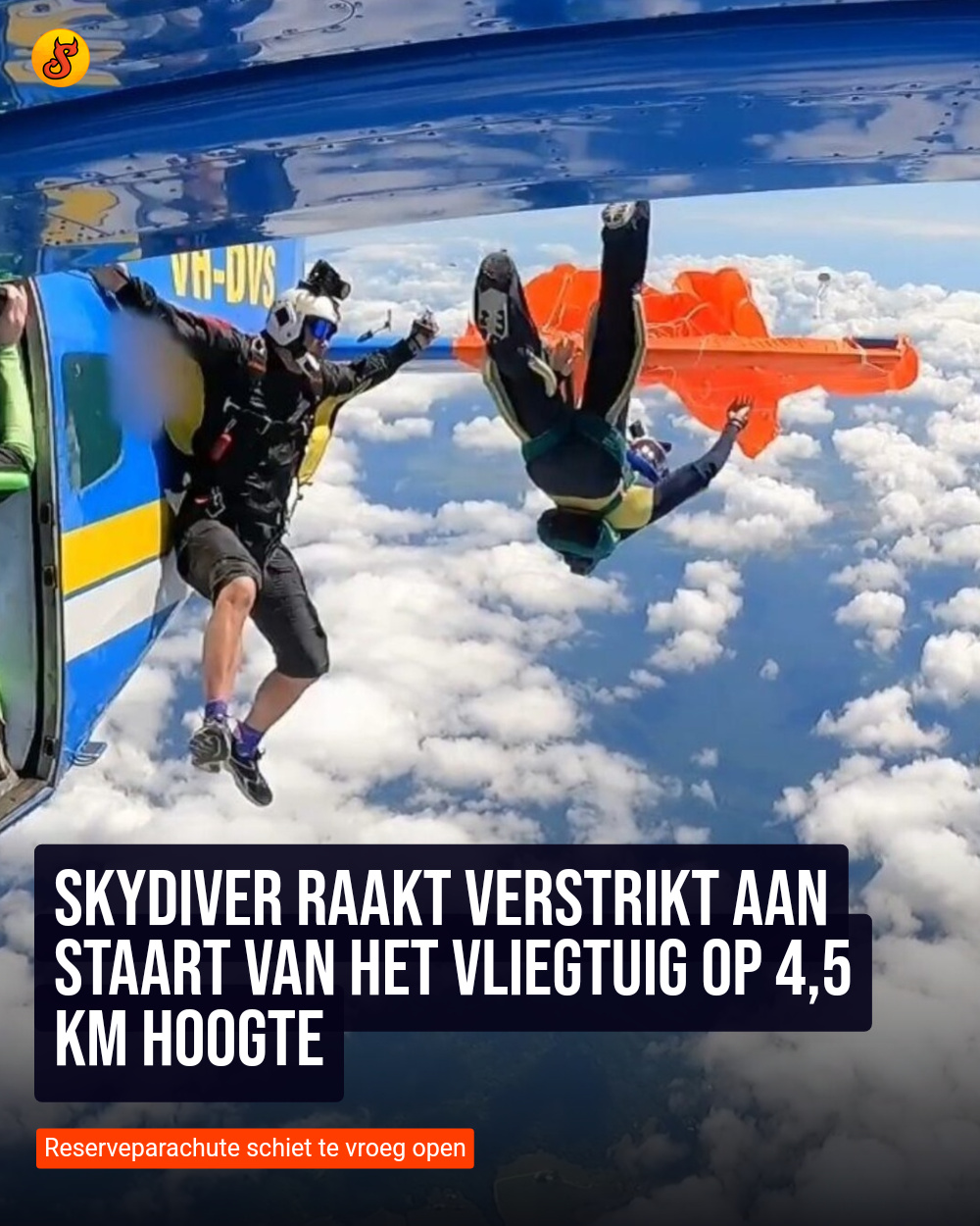 Skydiver raakt verstrikt aan staart van het vliegtuig op 4,5 km hoogte