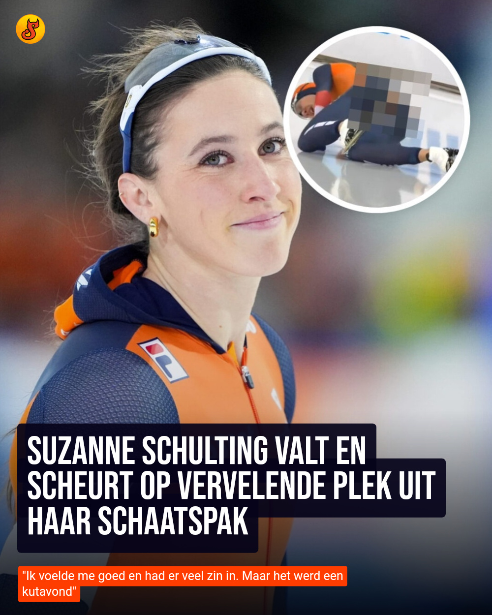 Suzanne Schulting valt en scheurt op vervelende plek uit haar schaatspak