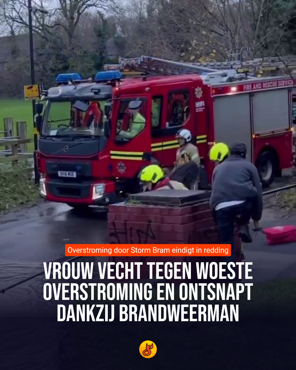 Vrouw vecht tegen woeste overstroming en ontsnapt dankzij brandweerman