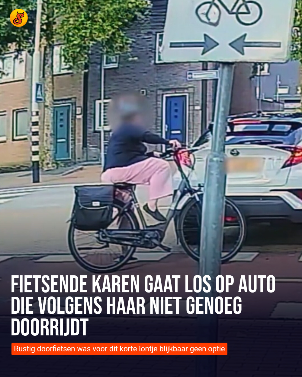 Fietsende Karen gaat los op auto die volgens haar niet genoeg doorrijdt