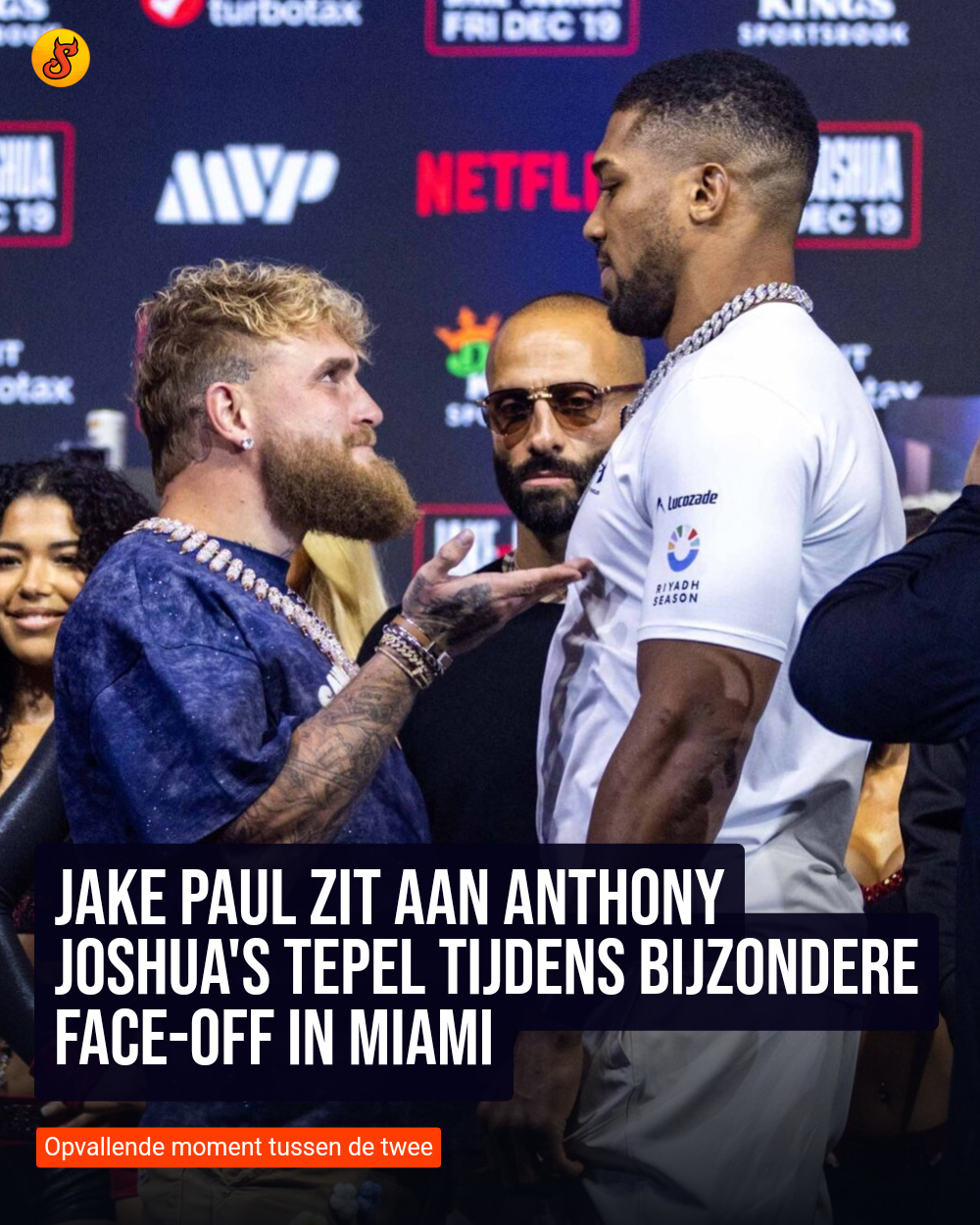 Jake Paul zit aan Anthony Joshua's tepel tijdens bijzondere face-off in Miami