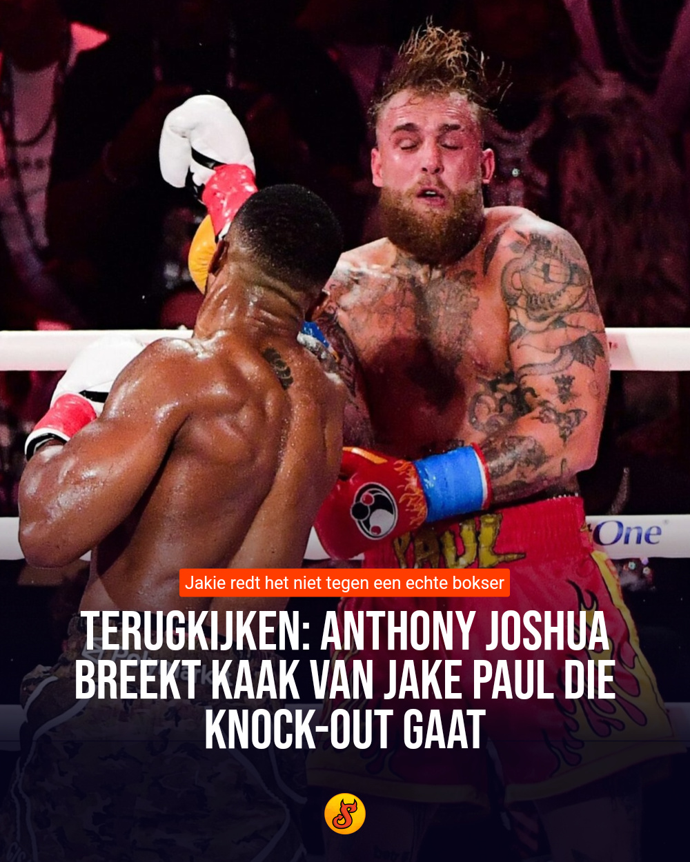 Terugkijken: Anthony Joshua breekt kaak van Jake Paul die knock-out gaat