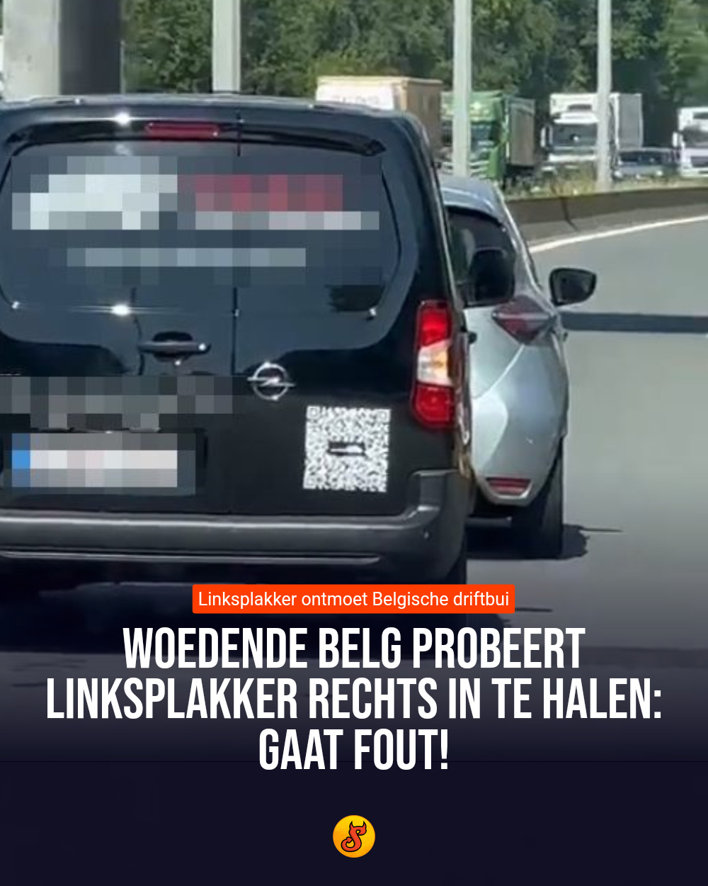 Woedende Belg probeert linksplakker rechts in te halen: gaat fout!