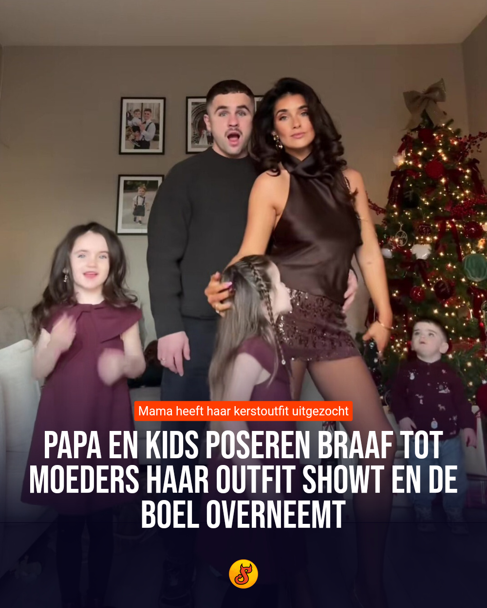 Papa en kids poseren braaf tot moeders haar outfit showt en de boel overneemt