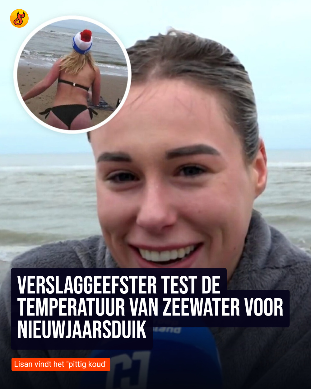 Verslaggeefster test de temperatuur van zeewater voor nieuwjaarsduik