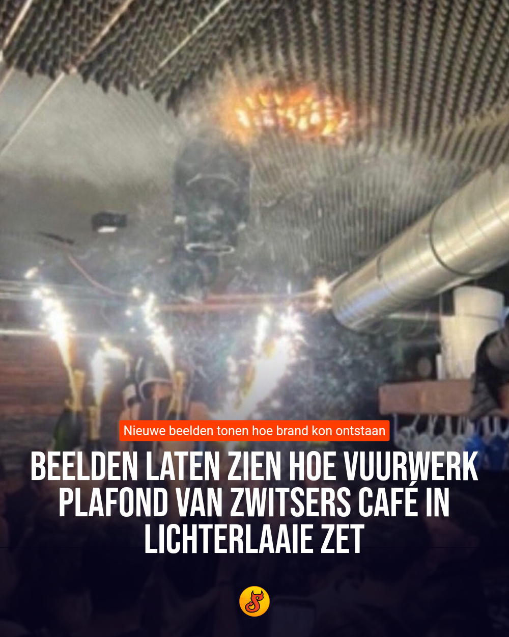 Beelden laten zien hoe vuurwerk plafond van Zwitsers café in lichterlaaie zet
