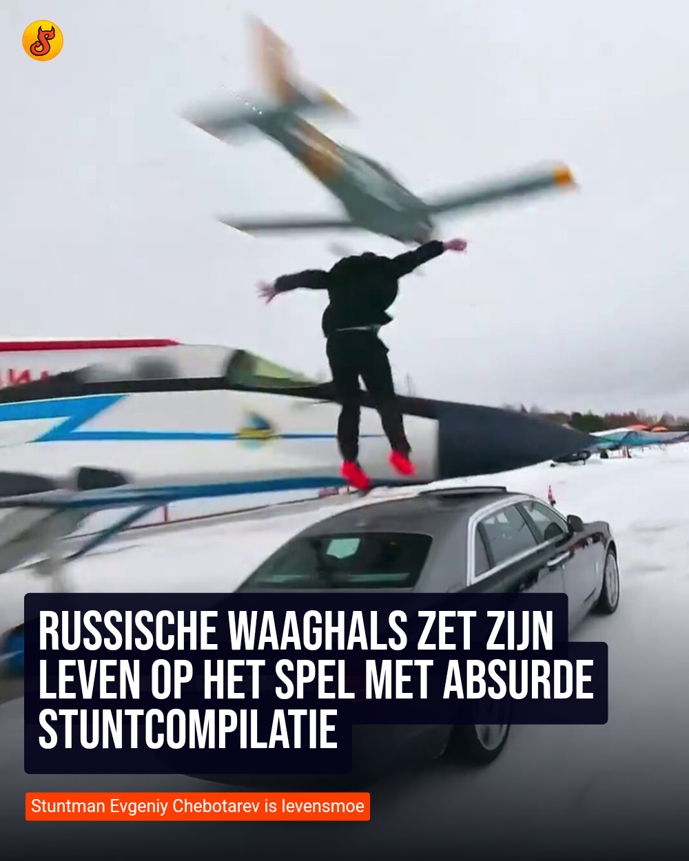 Russische waaghals zet zijn leven op het spel met absurde stuntcompilatie