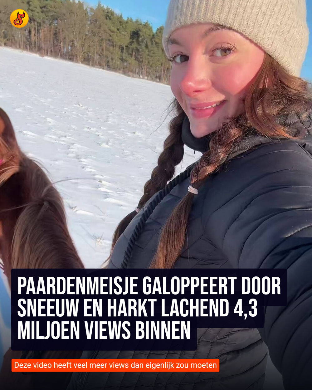 Paardenmeisje galoppeert door sneeuw en harkt lachend 4,3 miljoen views binnen