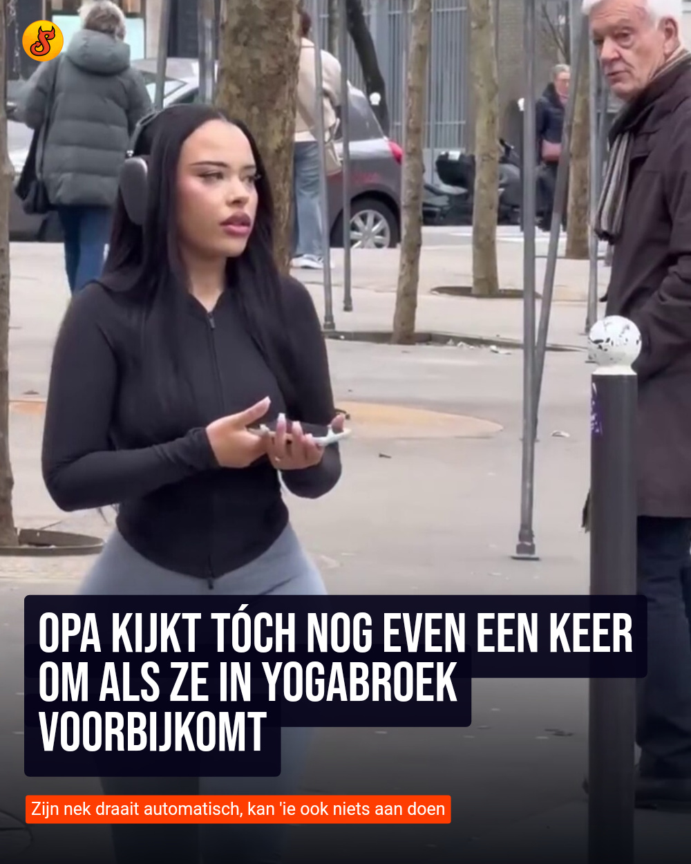 Opa kijkt tóch nog even een keer om als ze in yogabroek voorbijkomt