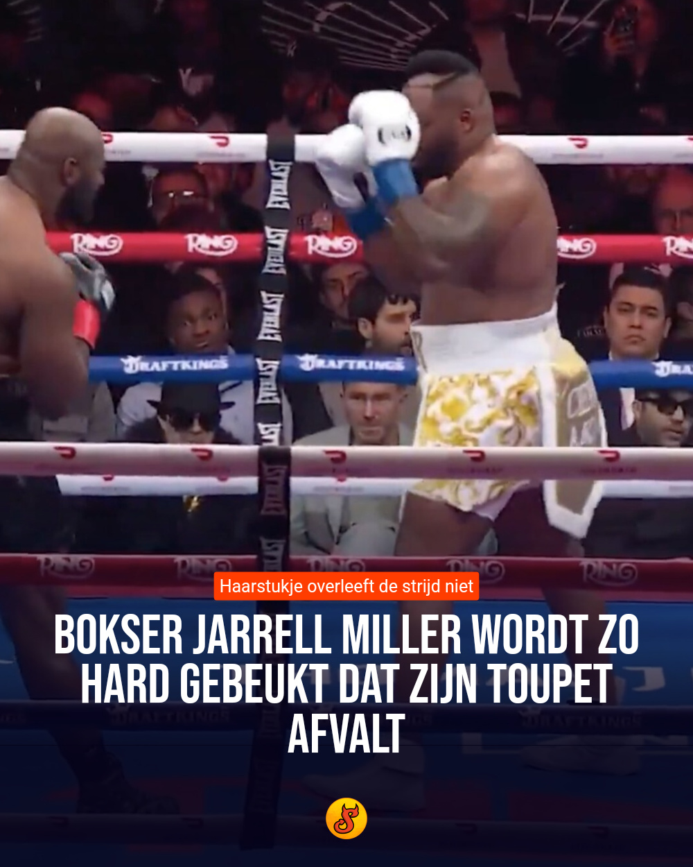Bokser Jarrell Miller wordt zo hard gebeukt dat zijn toupet afvalt