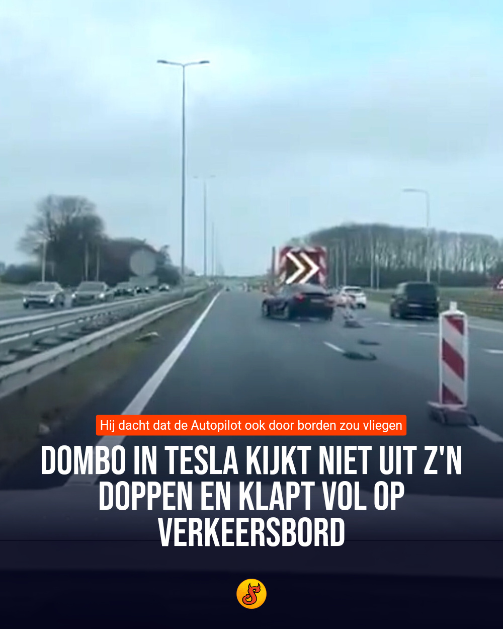 Dombo in Tesla kijkt niet uit z'n doppen en klapt vol op verkeersbord