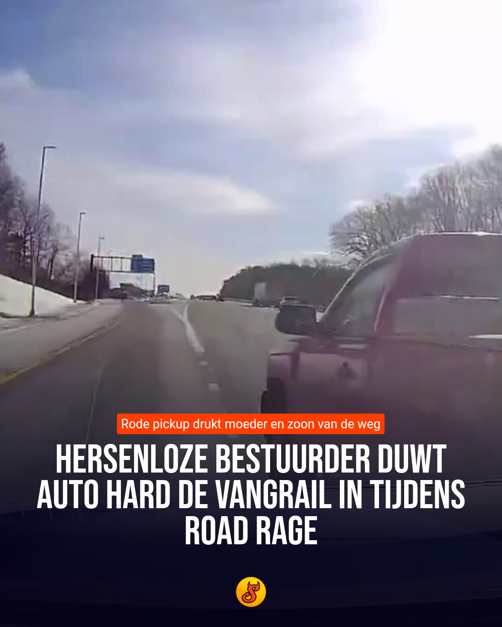 Hersenloze bestuurder duwt auto hard de vangrail in tijdens road rage