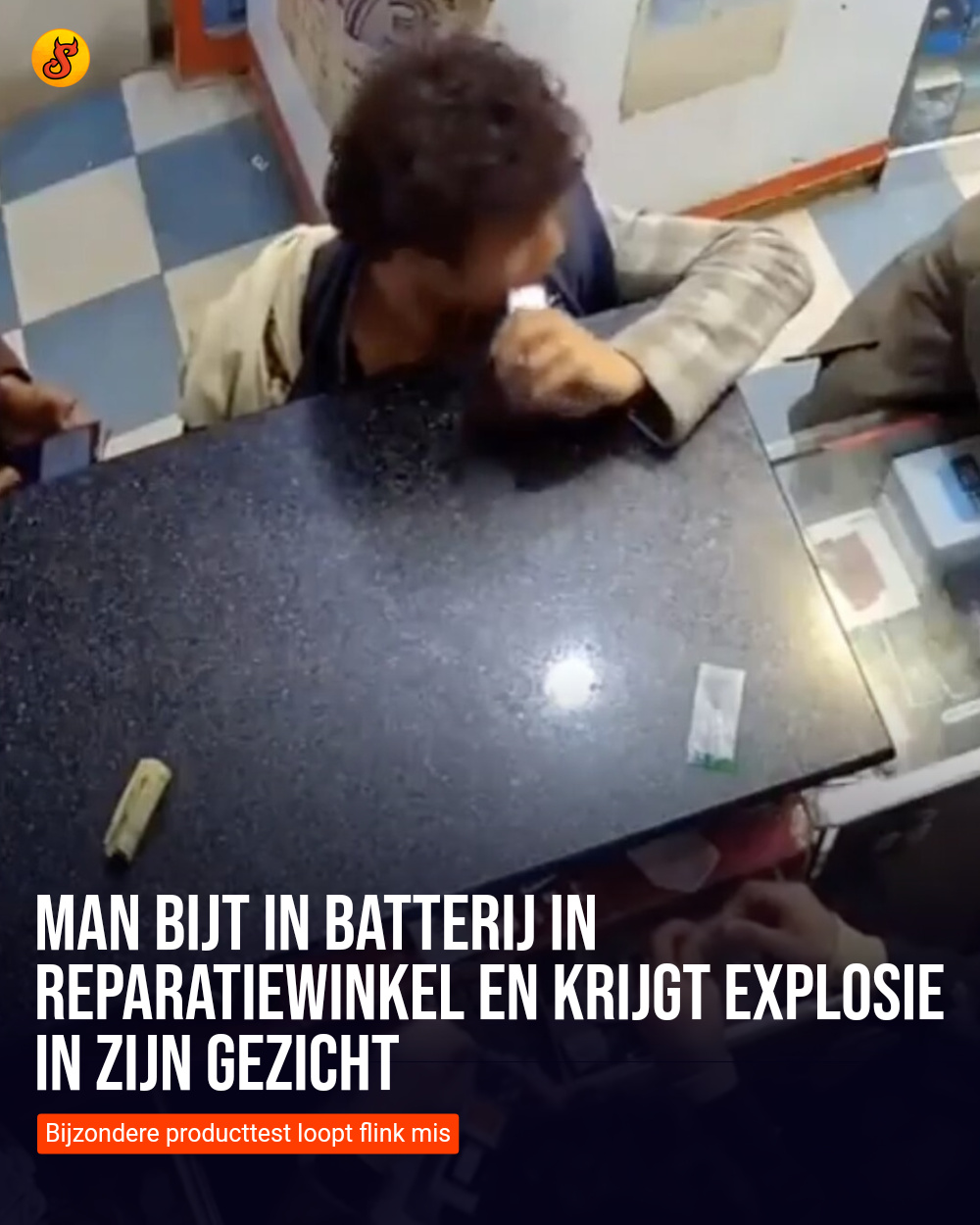 Man bijt in batterij in reparatiewinkel en krijgt explosie in zijn gezicht