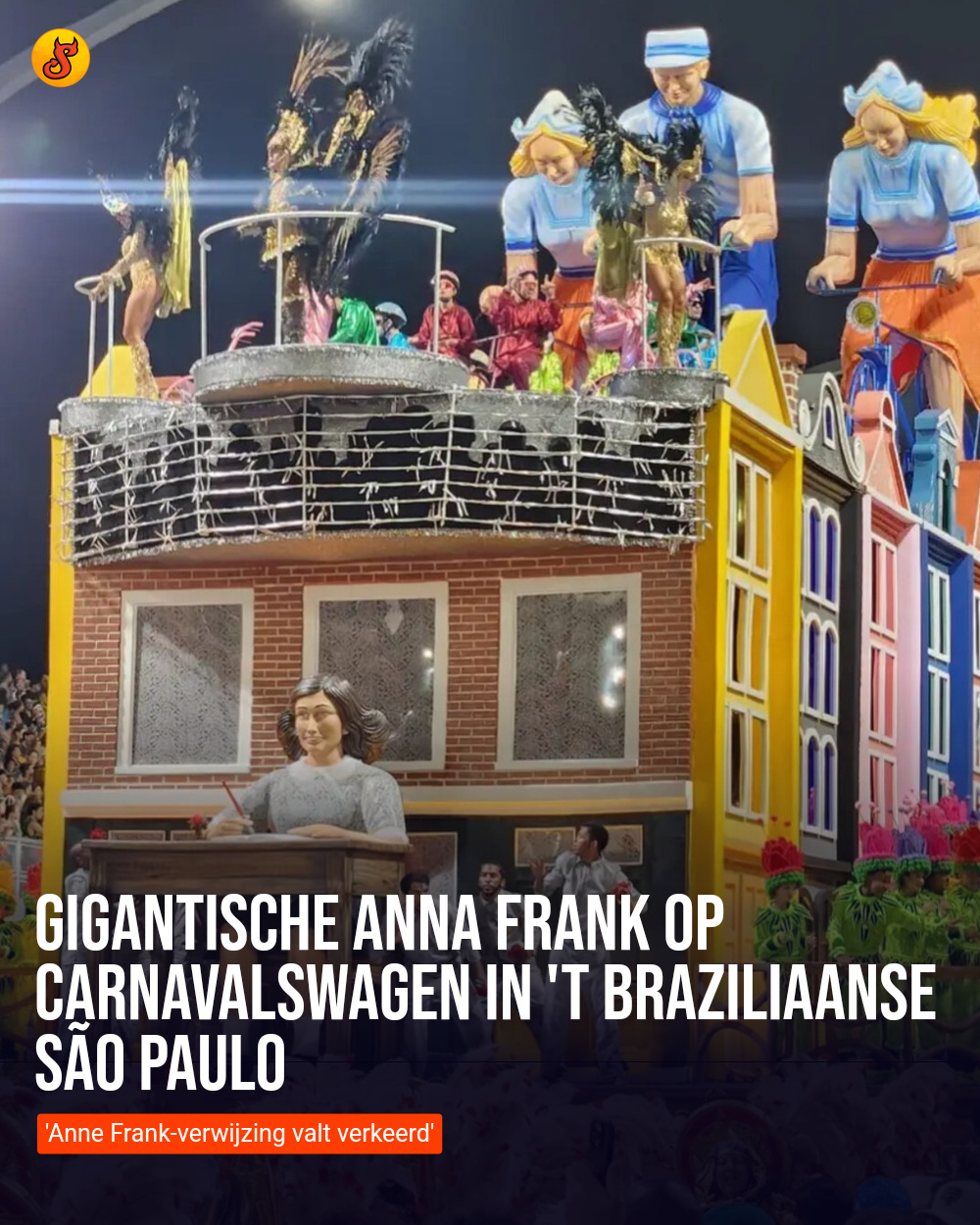 Gigantische Anna Frank op carnavalswagen in 't Braziliaanse São Paulo
