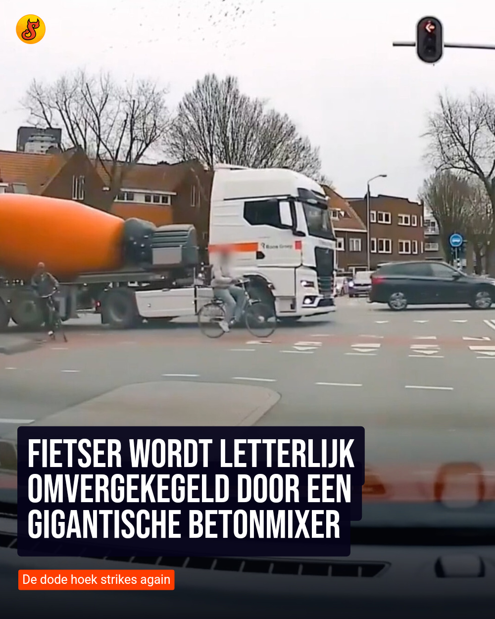 Fietser wordt letterlijk omvergekegeld door een gigantische betonmixer